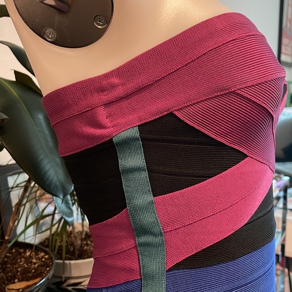 Vintage Herve Leger Bandage Strapless Dress Mini blue maroon black sz S - Picture 3 of 4